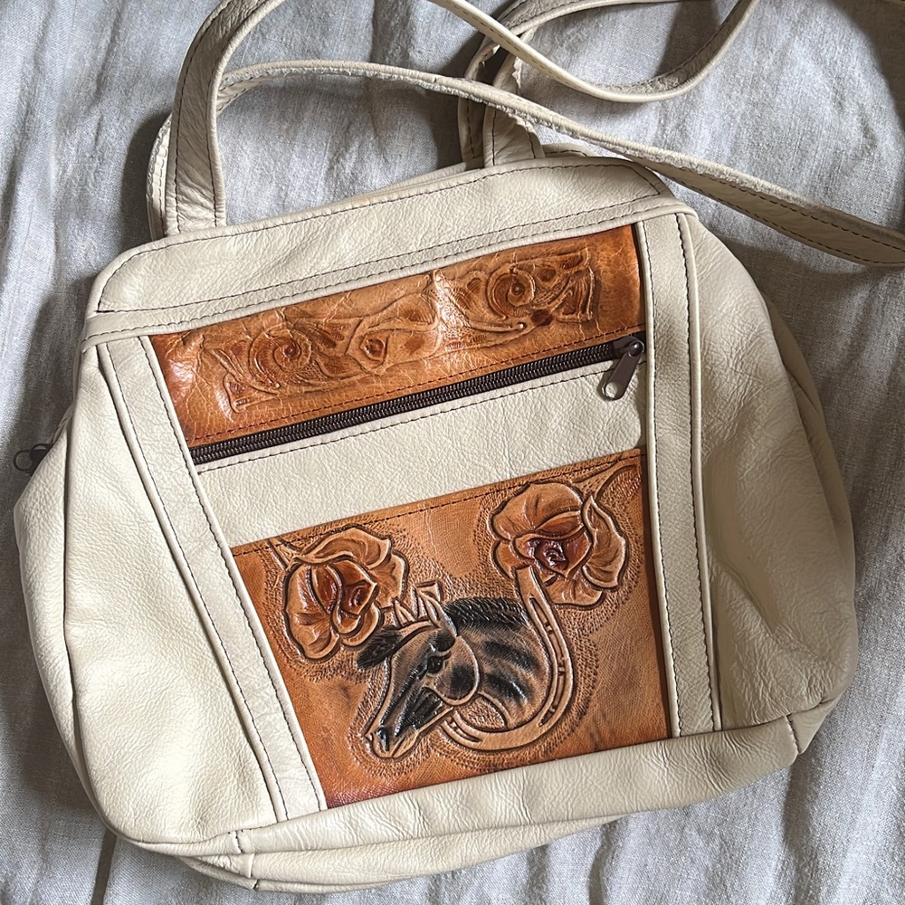 Vintage Handmade Leather Bag with Horse & Roses Detail